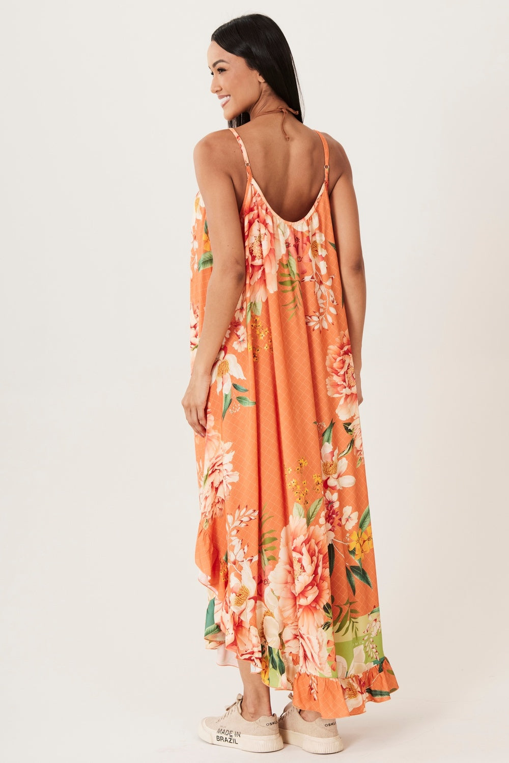 Vestido Midi Alças Reguláveis Laranja Estampado Yacamim E14