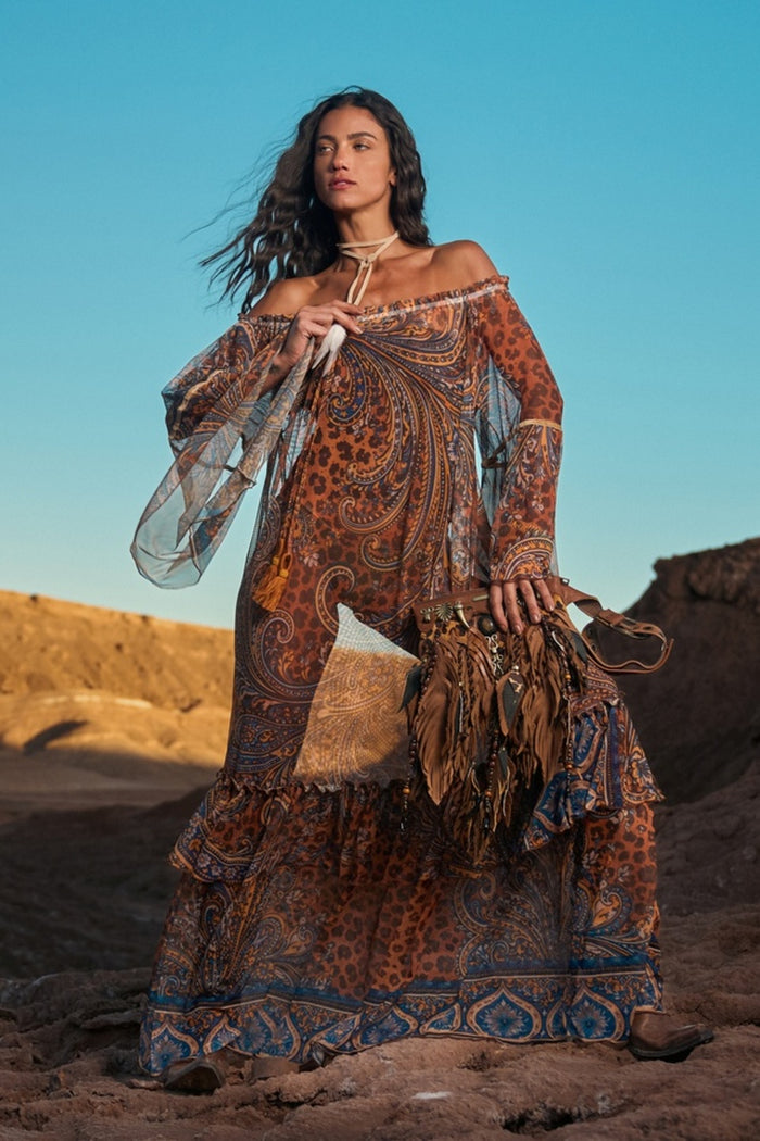 Vestido Longo De Tule Ciganinha Animal Print Paisley Yacamim E3