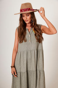 Vestido Longo Regata 3 Babados De Linho Verde Yacamim D1 Liso