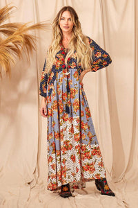 Vestido Longo Com Mangas Longas Bufantes Patchwork Yacamim D6