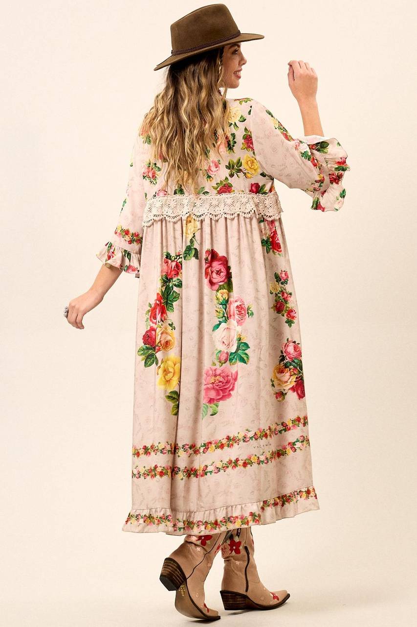 Vestido Com Abertura Frontal Bege Estampado Yacamim D3