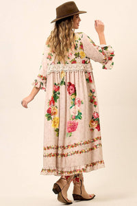Vestido Com Abertura Frontal Bege Estampado Yacamim D3