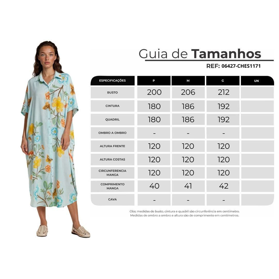 Chemise Midi Ampla Estampada Azul Claro Yacamim N1