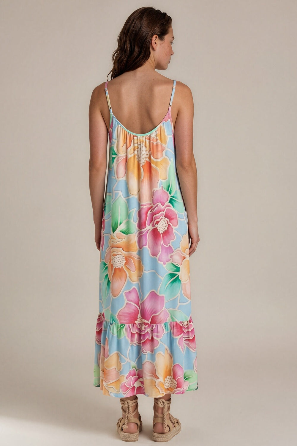 Vestido Longo De Alças Reguláveis Azul Claro Estampado Yacamim E18