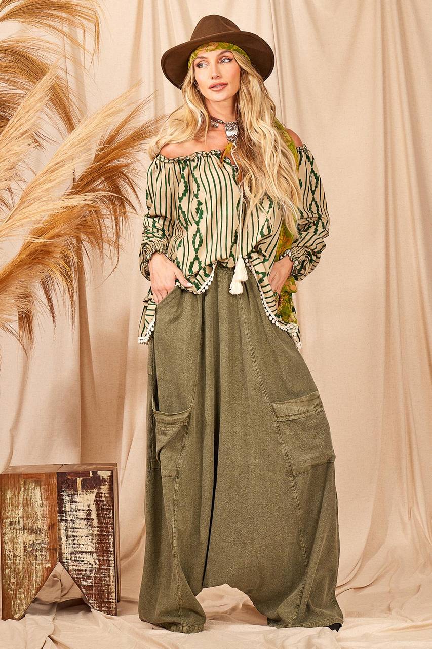 Calça Saruel Com Bolsos Verde Estonado Yacamim H10
