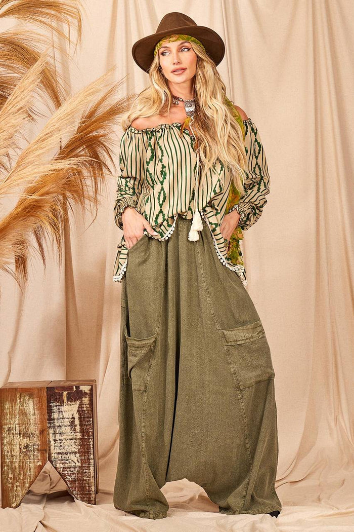 Calça Saruel Com Bolsos Verde Estonado Yacamim H10