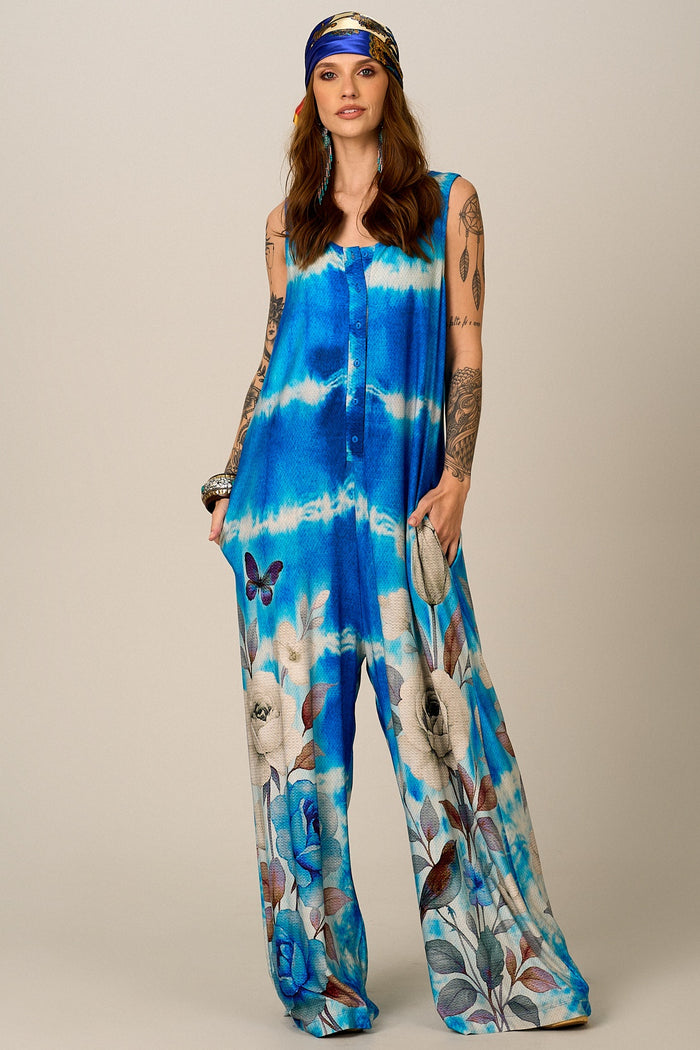 Macacão Pantalona Azul Estampa De Rosas Yacamim O9