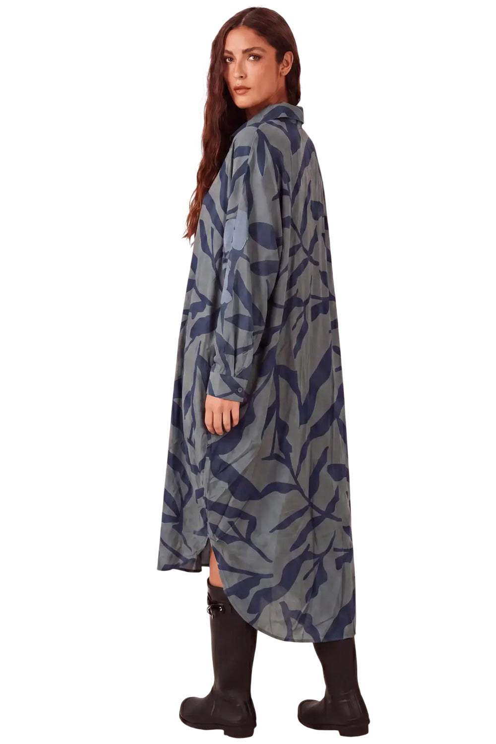 Chemise Ampla Estampada Com Bolsões Azul Petróleo Yacamim S10