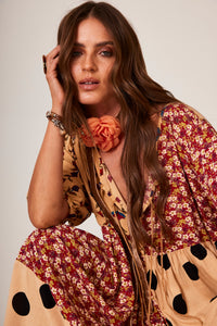 Vestido Midi Estampa De Poá Patchwork Marrom Claro Yacamim D15