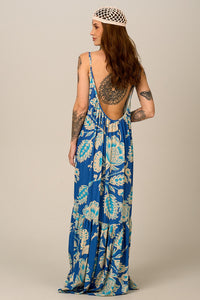 Vestido Longo De Alças Reguláveis Azul Estampado Yacamim E18