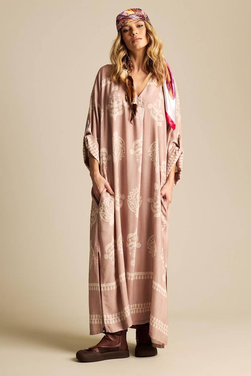 Vestido Longo Com Decote Em V Transpassado Marrom Claro Estampado Yacamim N3