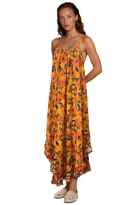 Vestido Midi De Alças Reguláveis Laranja Floral Patchwork Yacamim E7