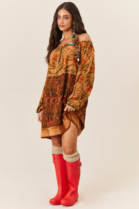 Vestido Curto Ciganinha Patchwork Marrom Claro Yacamim C11