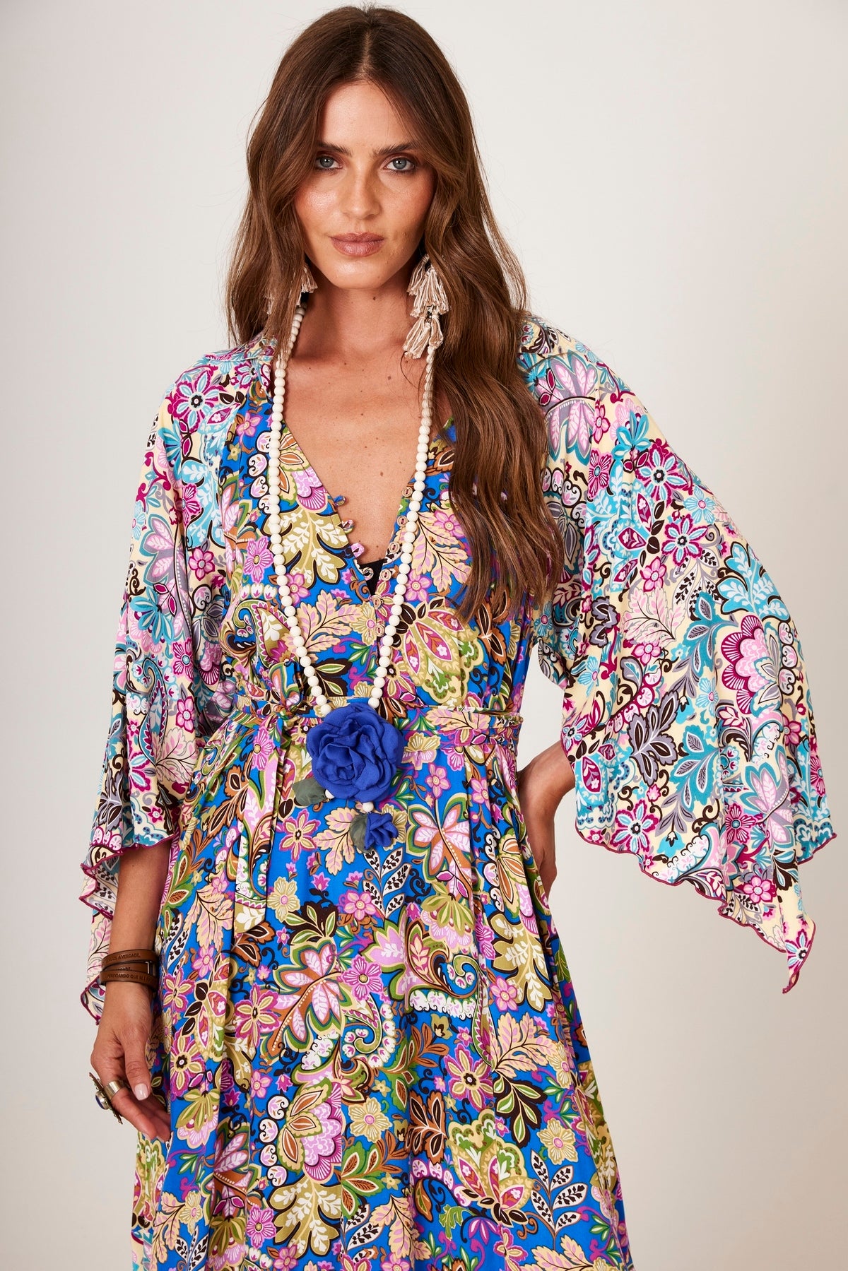 Vestido Longo Com Mangas 3/4 Azul Estampado Patchwork Yacamim D28