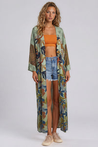 Kimono Longo Com Mangas Longas Verde Estampado Patchwork Yacamim J8