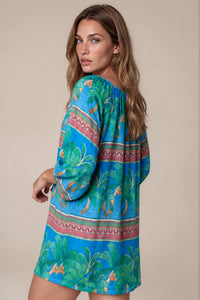 Vestido Curto Decote Ombro A Ombro Azul Estampado Coleção Maracá Yacamim D21