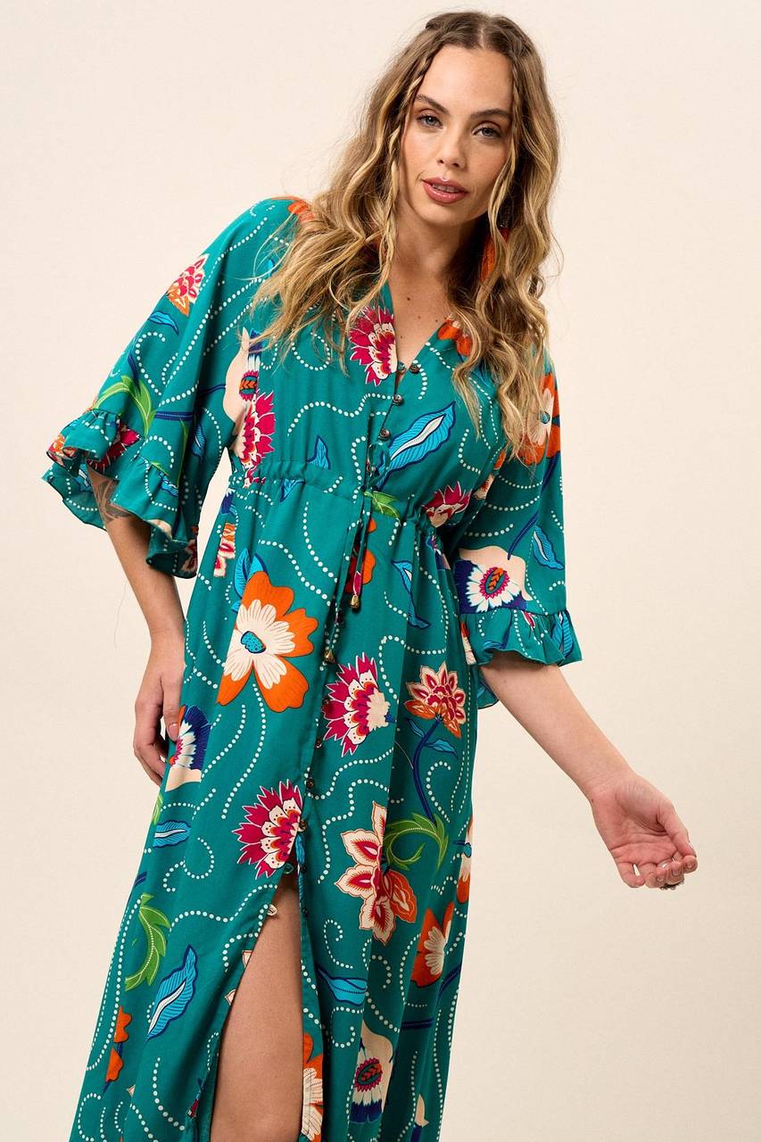 Vestido Chemise Longo Com Túnel Na Cintura Verde Estampado Yacamim C1
