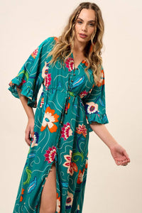 Vestido Chemise Longo Com Túnel Na Cintura Verde Estampado Yacamim C1