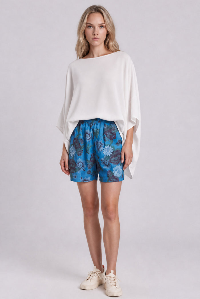 Shorts De Chita Com Flores Bordadas Azul Estampado Yacamim R3