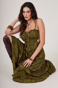 Vestido Longo De Alças Verde Musgo Estampa  Paisley Yacamim C15