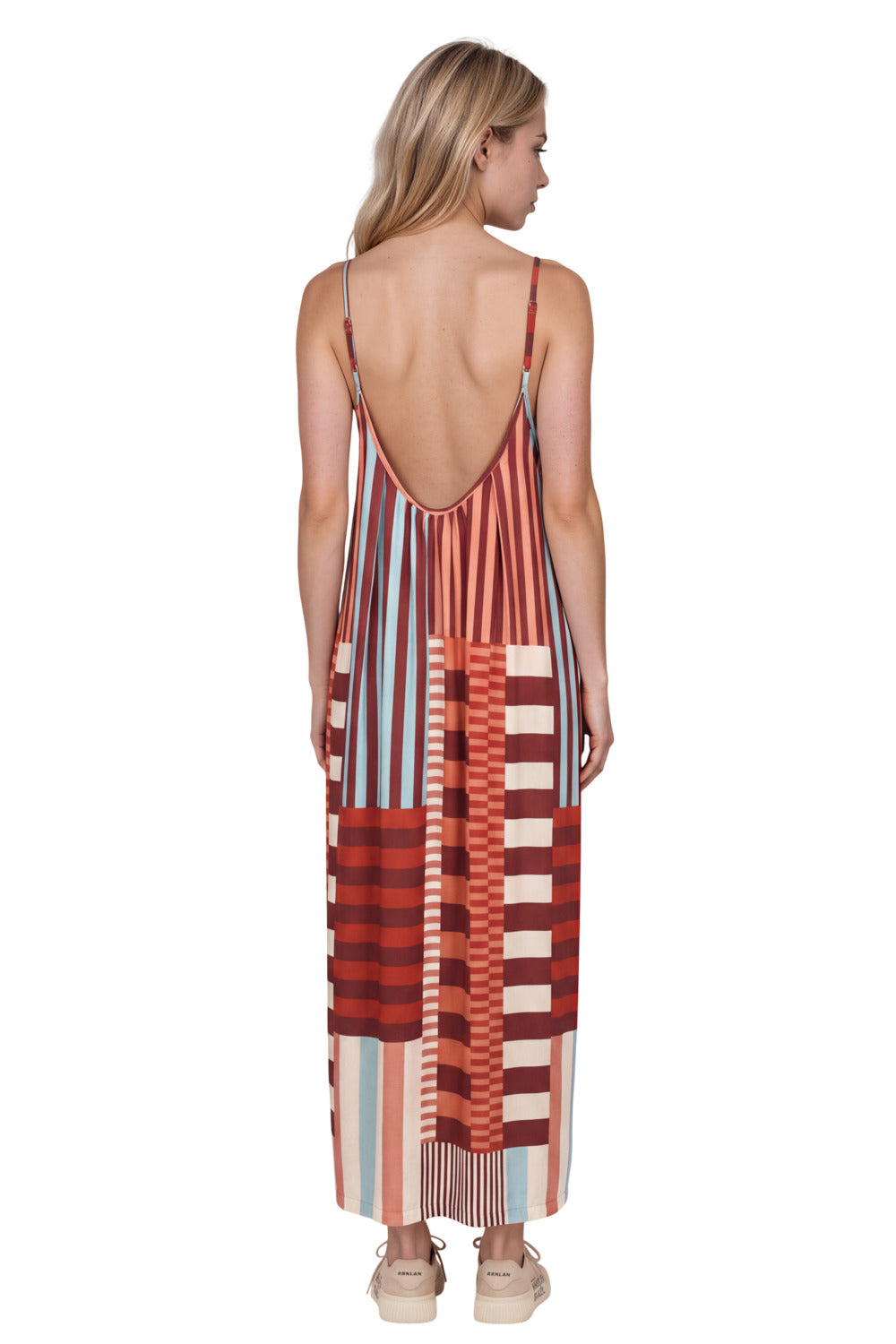 Vestido Longo De Alças Reguláveis Vermelho Estampa Geométrica Yacamim C9