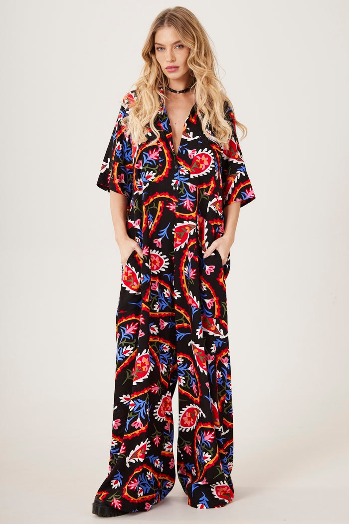 Macacão Longo Saruel Pantalona Preto Paisley Yacamim O10