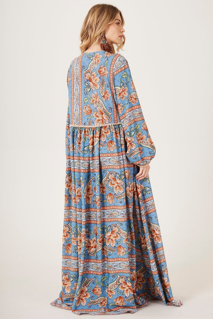 Vestido Longo Com Mangas Bufantes Azul Paisley Yacamim E26