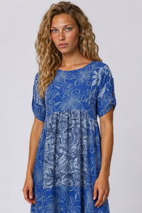 Vestido Midi Com Mangas Curtas Azul Patchwork Yacamim E24