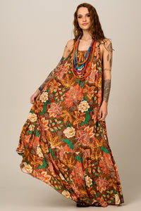 Vestido Longo De Alças Reguláveis Marrom Floral Yacamim E26