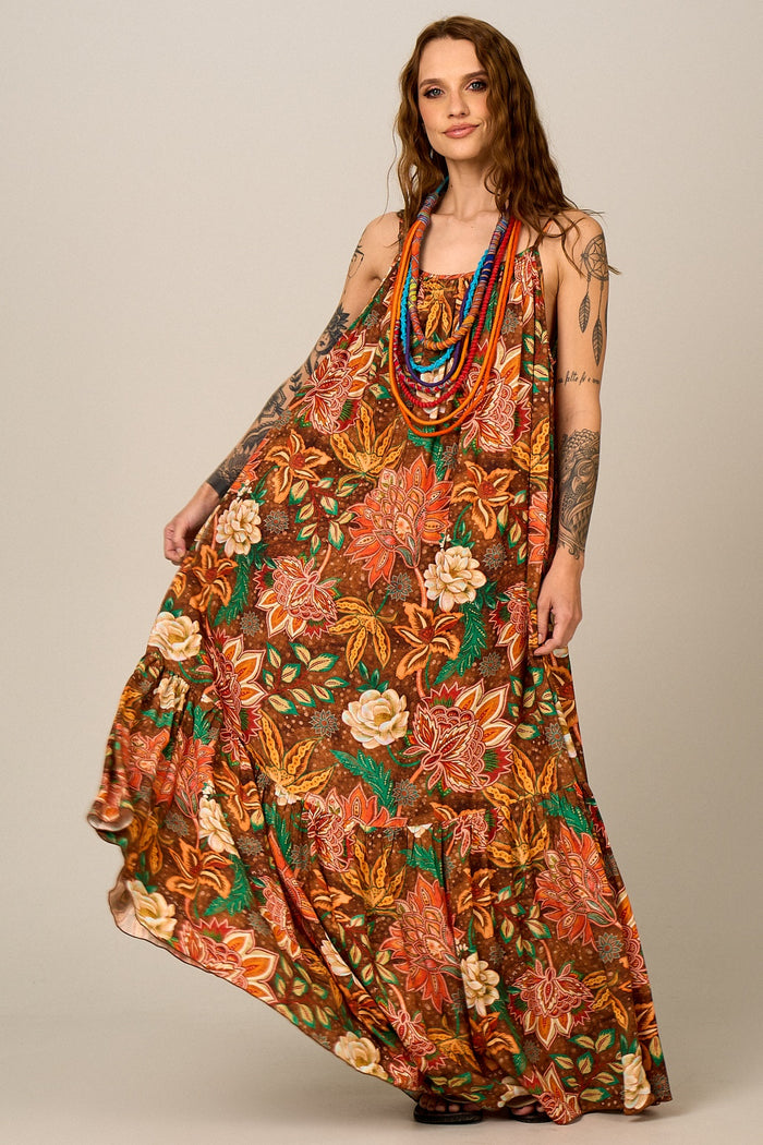 Vestido Longo De Alças Reguláveis Marrom Floral Yacamim E26