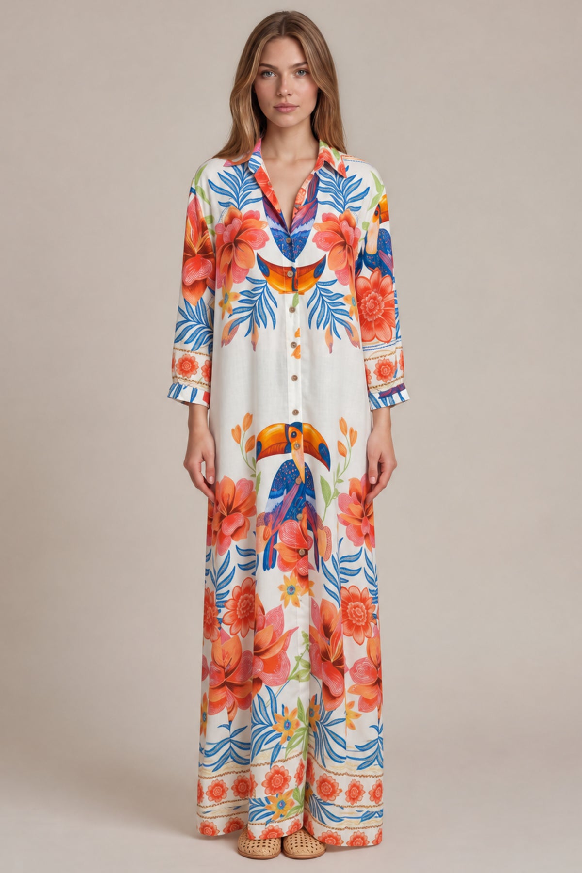 Chemise Longo Com Mangas Longas E Faixa Branco Estampado Coleção Manacá Yacamim N9