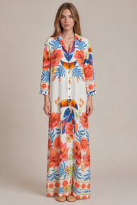 Chemise Longo Com Mangas Longas E Faixa Branco Estampado Coleção Manacá Yacamim N9