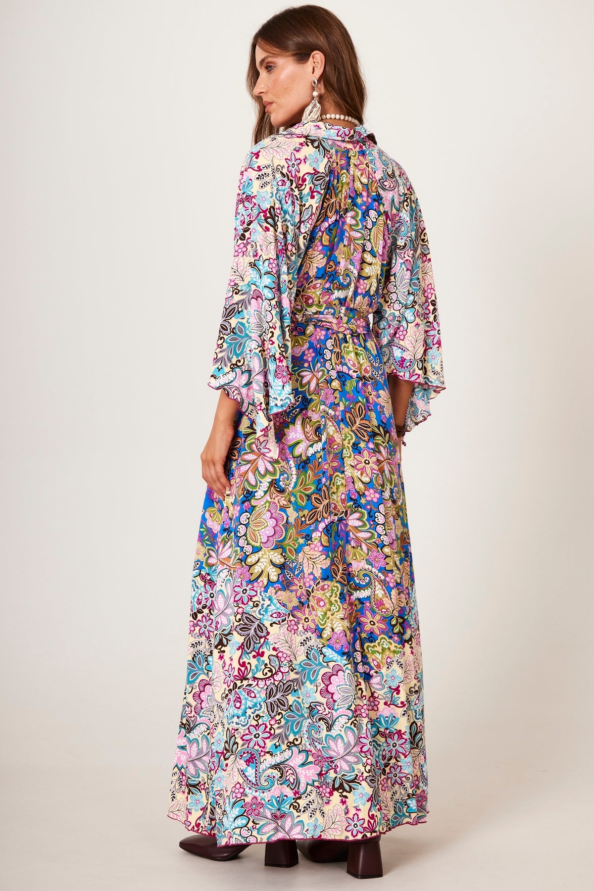 Vestido Longo Com Mangas 3/4 Azul Estampado Patchwork Yacamim D28