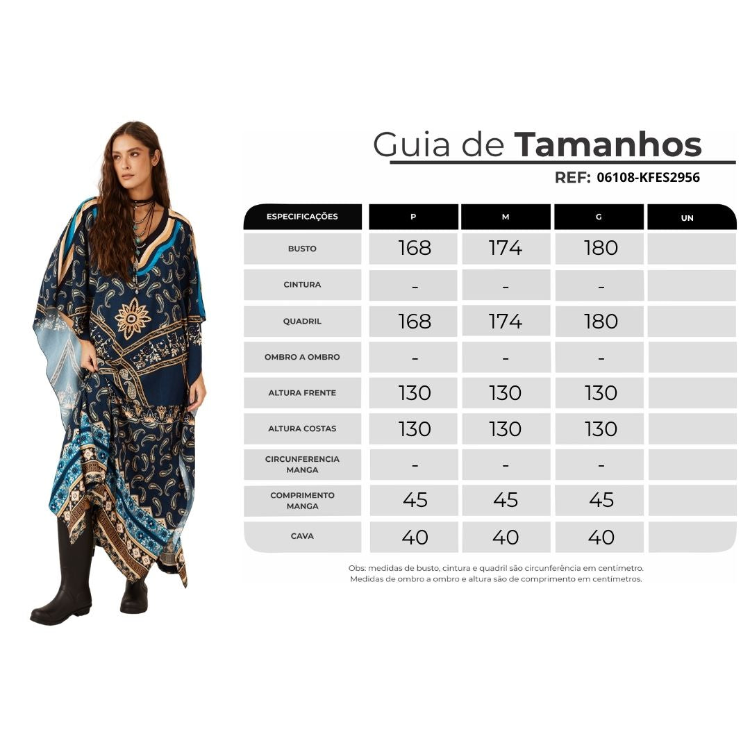 Kaftan Amplo Com Decote Azul Paisley Yacamim J8
