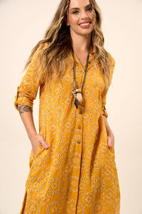 Chemise Broderie Midi Fendas Laterais Mangas 3/8 Amarelo Yacamim N9