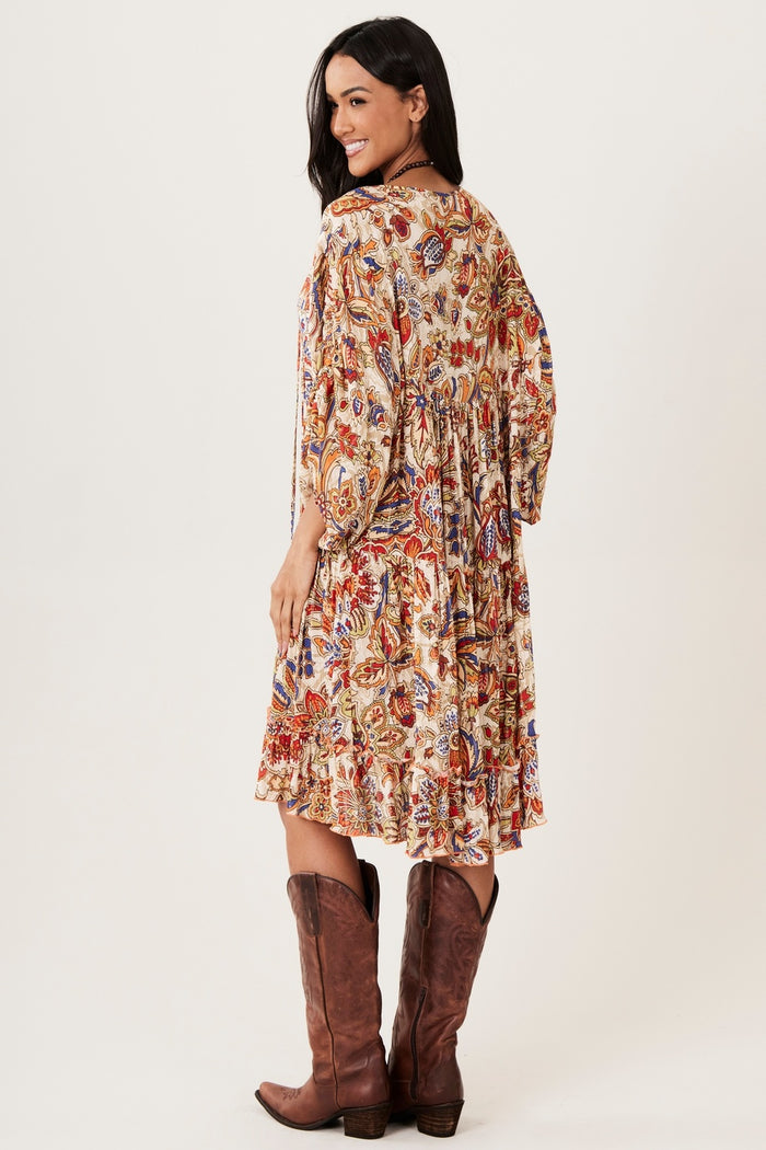 Vestido Curto Amplo Soltinha Bege Estampado Yacamim D1