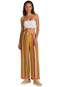Calça Pantalona Com Bolsos Verde E Laranja Listrada Yacamim I10