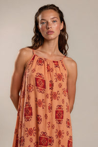Vestido Longo Laranja Claro Estampado Coleção Peru Yacamim K6