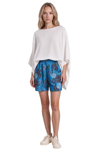 Shorts De Chita Com Flores Bordadas Azul Estampado Yacamim R3