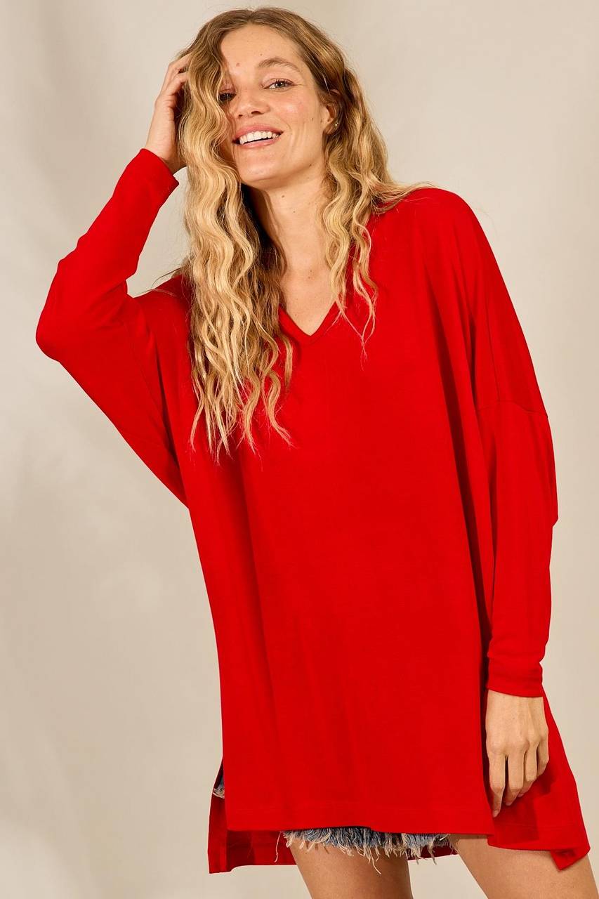 Blusa Ampla Básica Alongada Com Decote Em V Vermelho Yacamim B2 Liso
