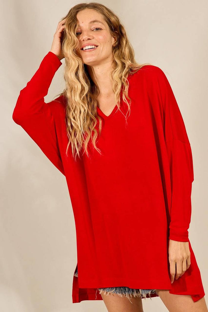 Blusa Ampla Básica Alongada Com Decote Em V Vermelho Yacamim B2 Liso