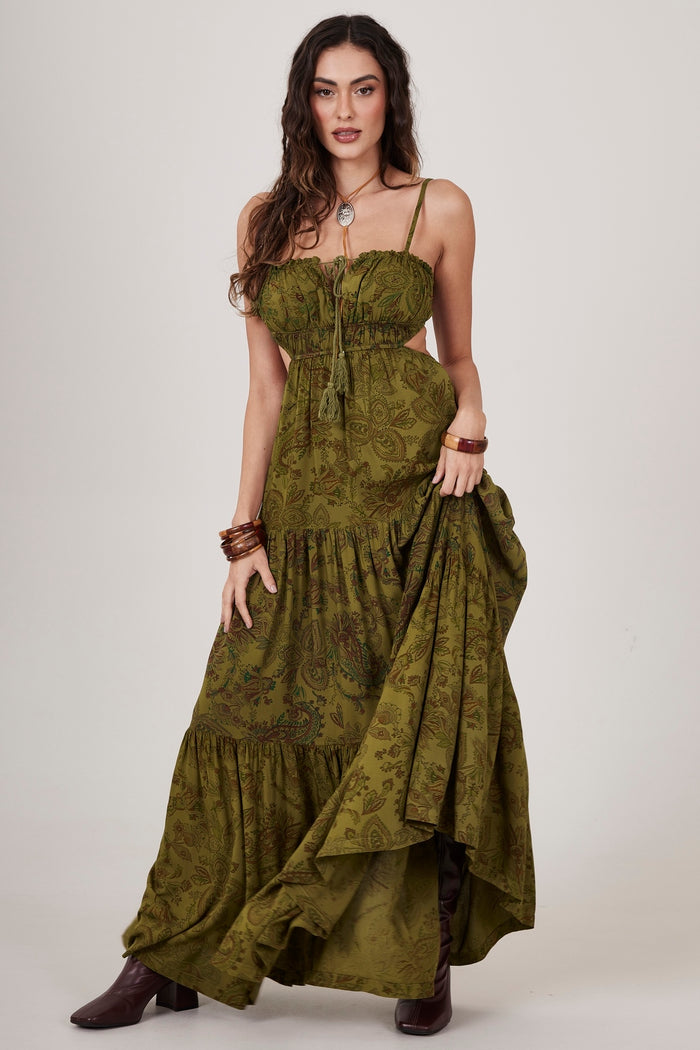 Vestido Longo De Alças Verde Musgo Estampa  Paisley Yacamim C15