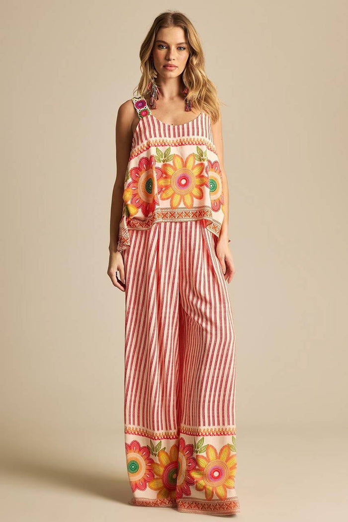 Calça Pantalona Com Elástico Vermelha Listrada Yacamim A33