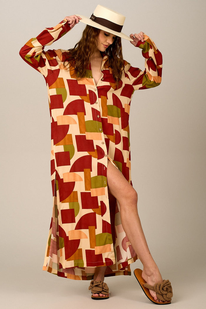 Chemise Longa Ampla Estampa Geométrica Yacamim N4