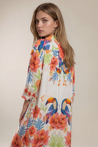 Chemise Longo Com Mangas Longas E Faixa Branco Estampado Coleção Manacá Yacamim N9