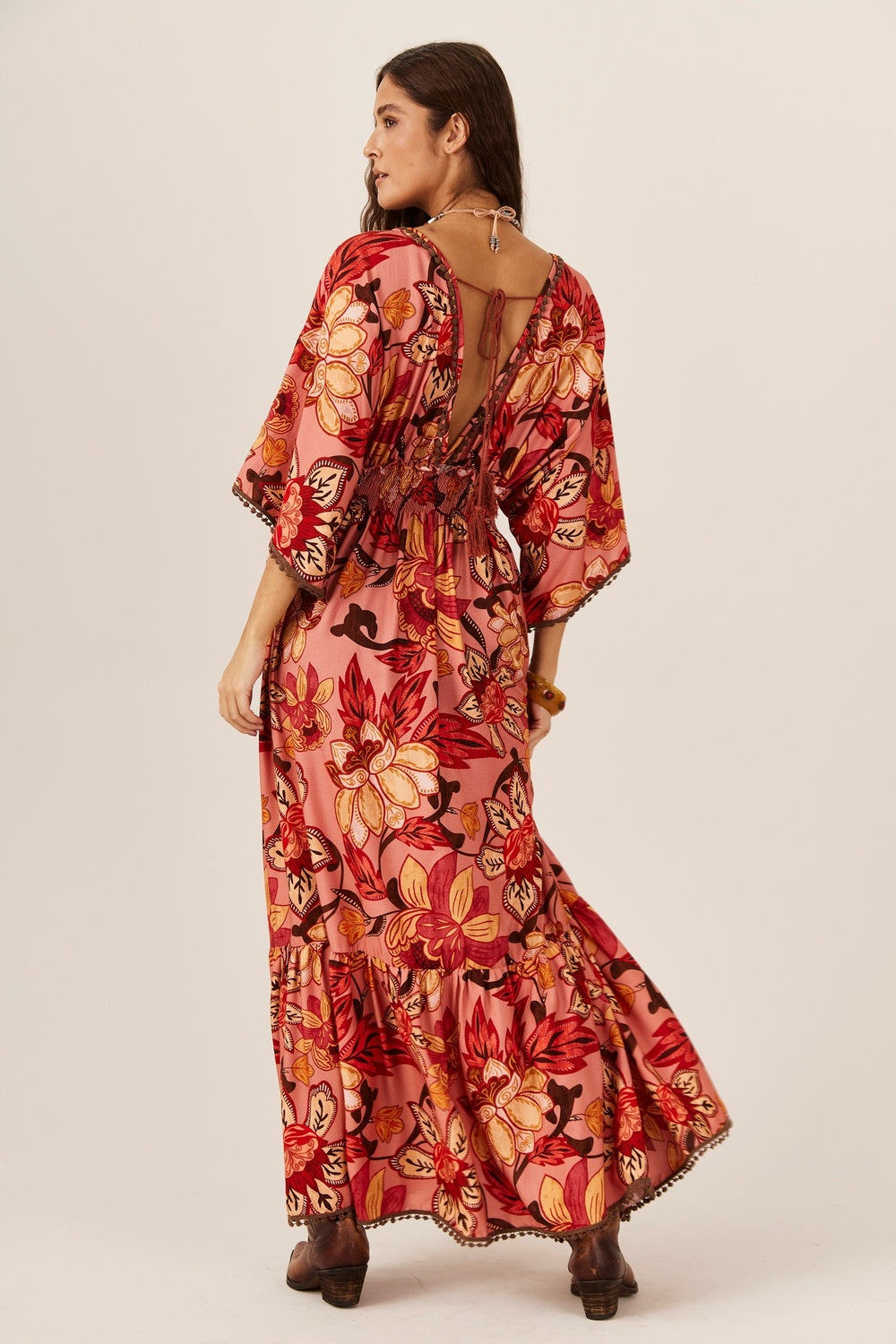 Vestido Longo Com Lastex Na Cintura Rosa Estampado Yacamim D7
