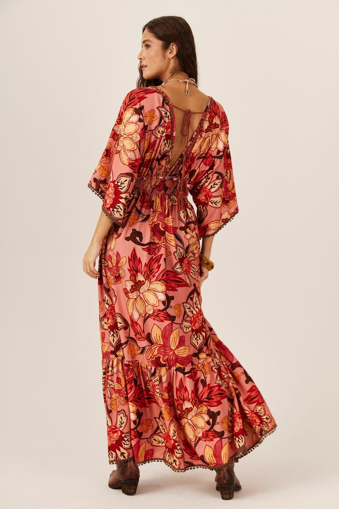 Vestido Longo Com Lastex Na Cintura Rosa Estampado Yacamim D7