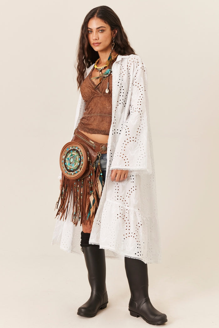 Vestido Midi Broderie Com Mangas Flare Branco Yacamim D12