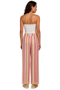 Calça Pantalona Com Bolsos Rosa E Amarela Listrada Yacamim H8