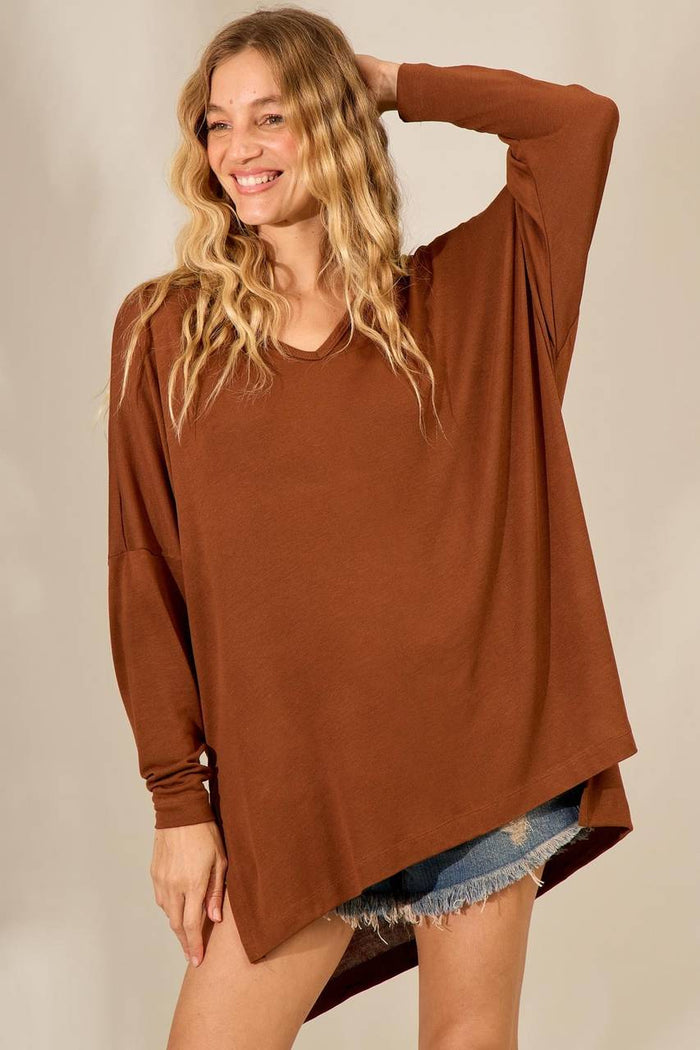 Blusa Ampla Com Decote Em V Marrom Yacamim B6